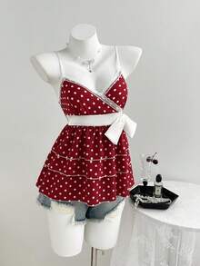 Elamini Summer Cute Sweet Polka Dot Contrast Lace Fitted Multilayer Ruffle Camisole Womens Summer Outfits Cute Outfits For Women Pin Up Outfit Women Outfit Polka Dot Top - Red - View 4