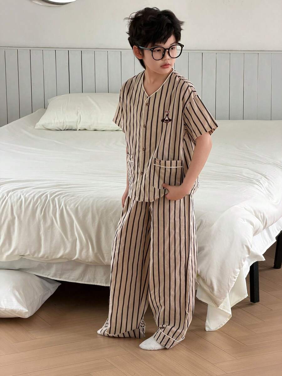 DAZY 男童条纹印花纽扣短袖上衣和裤子睡衣套装(夏季款) - 卡其色 - 查看 1