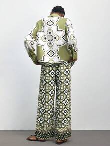 Maija 两件套女士印花长袖上衣和阔腿裤，休闲日常穿着 - 彩色 - 查看 5