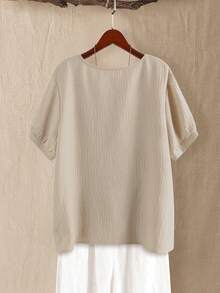 Linhara Plus Size Women Summer Casual Vacation Daily Commute Solid Color Button Decor Blouse - Khaki - View 2