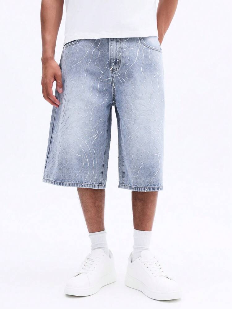 Men's Embellished Rhinestone Knee Length Loose Fit Wide Leg Denim Jorts With Decorative Sparkly Curved Pattern Details Summer Baggy Shorts