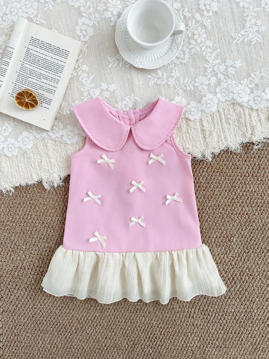 SHEIN Girls' Summer Dress, Baby Girl Cute Sleeveless Princess Dress With Peter Pan Collar - Pink - View 1