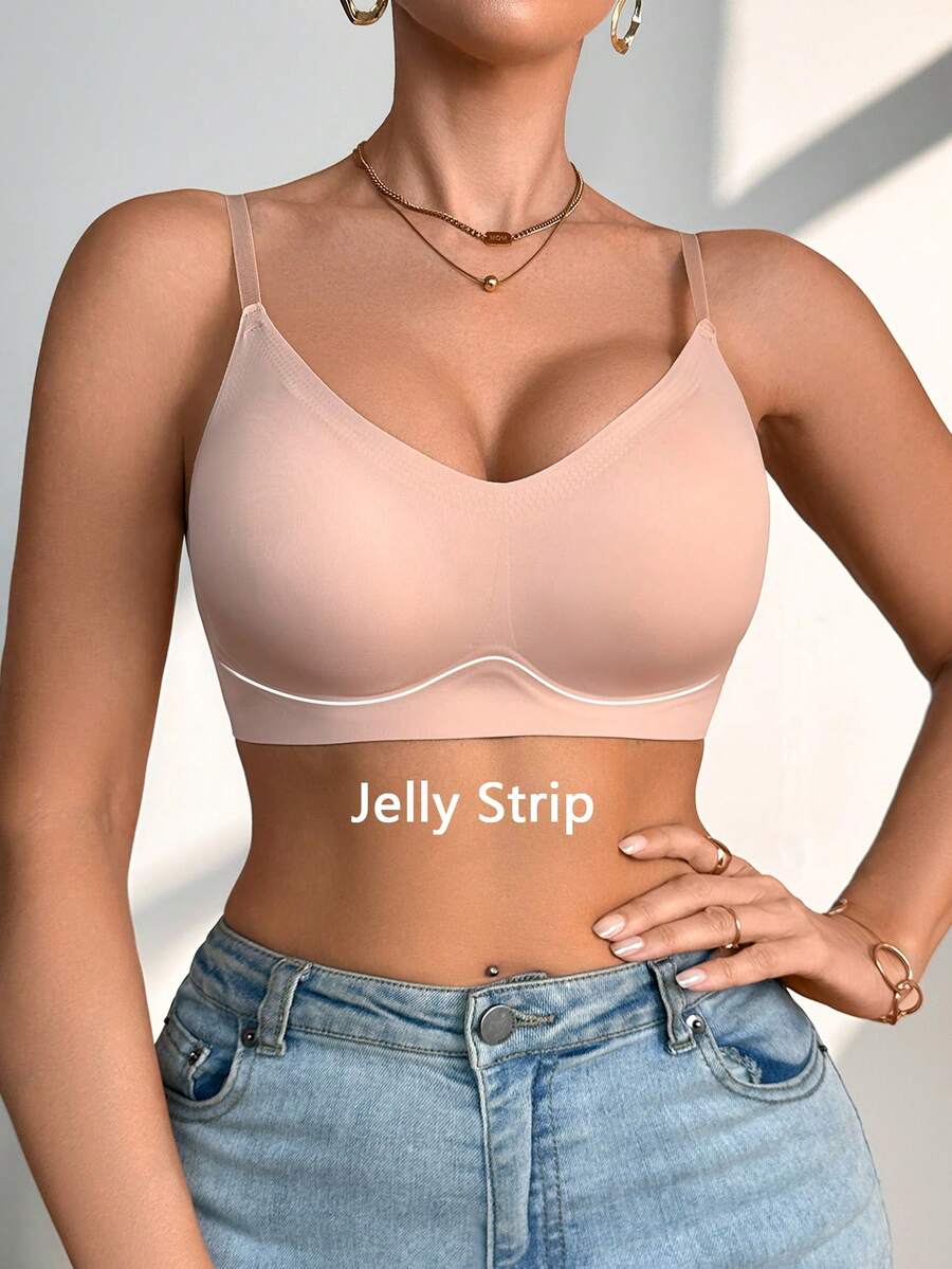SHEIN 舒适V领无缝凝胶粘性文胸 - 粉色 - 查看 1