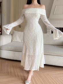 DAZY Đầm midi dáng đuôi cá trễ vai đính sequin ren thanh lịch dành cho nữ, thích hợp cho mùa xuân/hè, váy dự tiệc cưới, đầm hè. - trắng - Xem 7