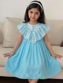SHEIN Young Girl Casual Ruffle Embroidered Dress - Blue - View 1