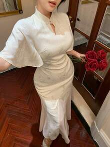 DAZY Đầm nữ thanh lịch họa tiết hoa phối ghép, cổ tàu, tay bồng, dài ngang gối, mùa hè, đầm dự tiệc cưới, đầm maxi nữ. - Màu be - Xem 9