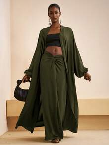 Zivah 新款秋季音乐节及毕业典礼休闲学院风百搭度假海滩日光浴街头风宽松女装两件套 - 棕色纹理扎染水彩亚麻开衫 + 扭腰长裙裹身连衣裙女士礼拜服女装惊艳连衣裙 - 軍綠色 - 查看 6