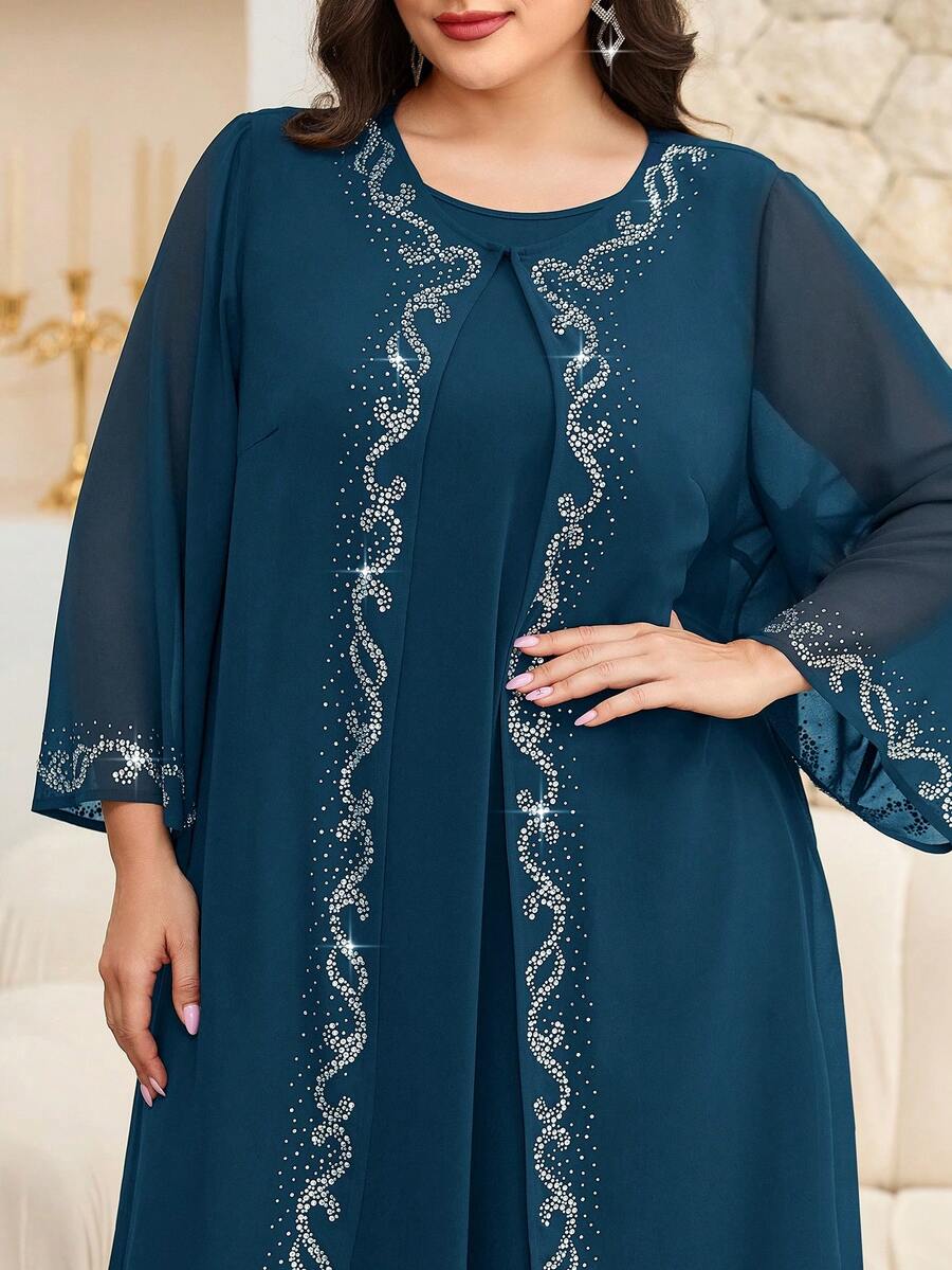 Modelyn Plus Size Elegant Rhinestone Embellished Jacket And Dress 2 Pieces Set, Autumn Fall - Teal Blue - View 1