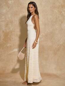 SHEIN BAE Women's Apricot Sheer Long Dress, Beach Cover-Up Suitable For Party, Cocktail, Formal Occasion, Romantic Date, Bridesmaid, Night Out, Holiday Dress, Beach Vacation, Sisters Gathering Resort Dresses For Women Open Back Dresses For Women,Summer Dresses For Women - Apricot - View 4