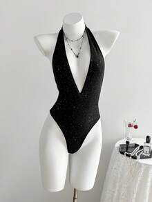 Elamini 黑色亮片针织面料深V领露背连体衣，适合春夏、派对、度假、休闲外出、街头、约会、复古时尚等场合，简约百搭，日常穿着也十分出彩。 - 黑色 - 查看 7