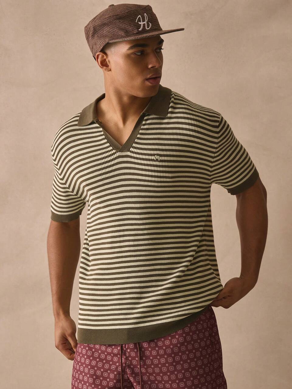 Contrast Stripe Branded Chest Patch Short Sleeve Fitted V Neck Collared Buttonless Knit Polo Spring Summer Essentials