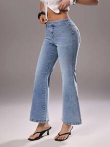 TRNVIE Celana Jeans Wanita Pinggang Tinggi Elastis dengan Potongan Mengembang - Light Wash - View 3