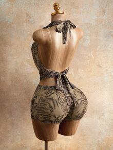 Mistrie Women's Animal Print Leopard Halter Top With Front Tie, Featuring Metal Ring Details And Cut-Out Design. Fashionable And Sexy Halter Backless Leopard Vest, Suitable For Vacations, Parties, And Music Festivals. - Brown - View 2