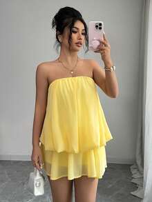 Zolique 奶油黄色无肩带迷你雪纺连衣裙，浅黄色夏日连衣裙，女士约会装，女士夏日连衣裙，蜜月装，婚礼宾客礼服，海岛度假连衣裙，女士吊带裙，优雅派对礼服，女士生日装，女士沙滩装 - 黃色 - 查看 4