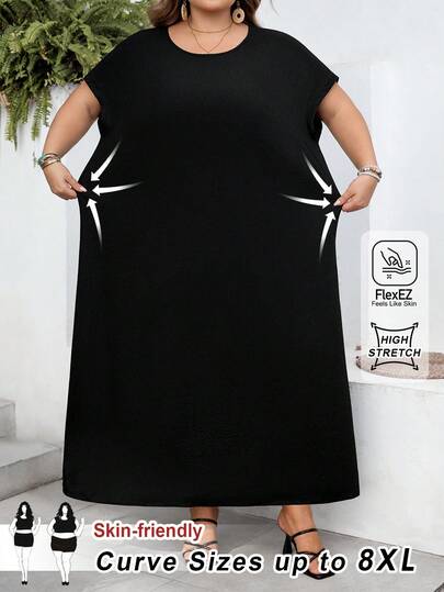 SHEIN CURVE+ Plus Size Women's Solid Color Bat Sleeve Spring Summer Dress, Spring Outfit