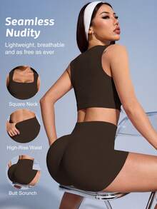 Dewbera Dewbera Women Solid Color Ribbed Sports Bra And Shorts Set - Mocha Brown - View 3