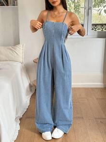 Rivivi Randig, veckad jumpsuit i denim med vida ben och smal passform för kvinnor - Blå - Visa 3