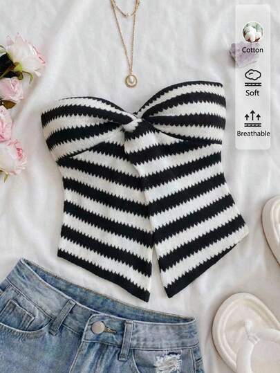 Soleia Women's Cotton Black/White Striped Sexy Casual Twist Cutout Bandeau Top – Vacation, Western Festival, Island Girl Vintage, Seaside Vacation, Romantic Vacay Vibes, Spring Break, Cute, Date Night,Home, Soft Girl, Clean Girl Style