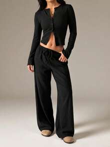 SHEIN PETITE Women Luxurious Ribbed Knit Co-Ord Set Long Sleeve Button Up Cardigan With Wide Leg Palazzo Pants Fall Winter Loungewear - Black - View 6