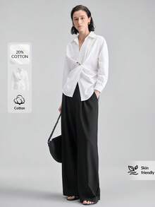 Ontre 女士白色休闲落肩长袖翻领衬衫，不对称下摆和扭结细节 - 白色 - 查看 2