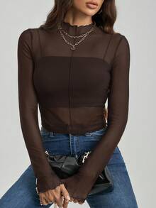 SHEIN Tall 女士立领网眼修身休闲长袖上衣 - 咖啡棕 - 查看 3