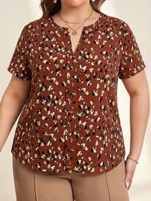 Chikora Plus Size All-Over Print Notch Collar Casual Short Sleeve Shirt - Multicolor - View 3