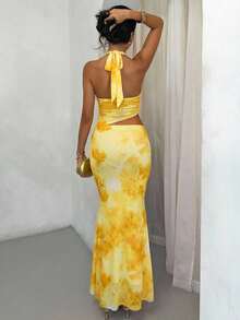 Glamine 女士两件套夏季度假套装，露背系带短款上衣搭配不规则荷叶边下摆半身裙，珊瑚色、粉色、海洋元素、随机印花，秋季女装返校季 - 黃色 - 查看 2