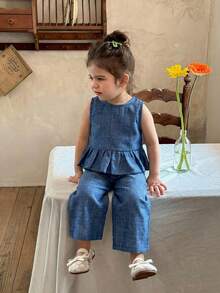 LMoss Kids Baby Girl Plaid Ruffle Trim Casual Shirt And Loose Fit Wide Leg Pants Set - Multicolor - View 1