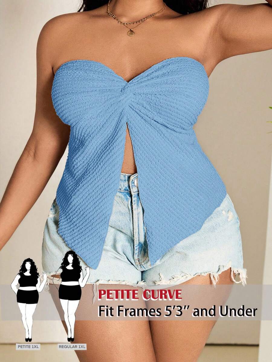 SHEIN PETITE CURVE 大码女式杏色纹理针织扭结前片不对称下摆吊带背心,适合度假穿着 - 淺藍色 - 查看 1