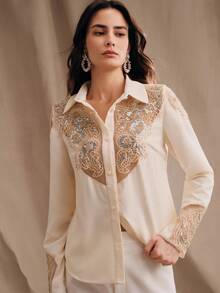 Anewsta Women's Fashion New Western Style Long Sleeve Shirt, Pearl Embroidery High-End Party Blouse - Apricot - View 4