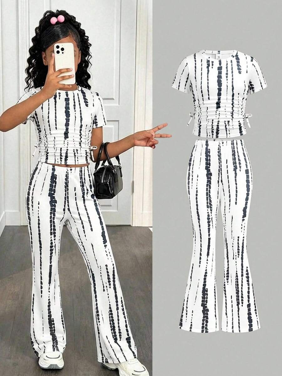 SHEIN Bộ 2 áo thun in hình cho bé gái tuổi teen, trang phục thường ngày năng động, phù hợp cho đi chơi, chụp ảnh, dự tiệc. - trắng - Xem 1