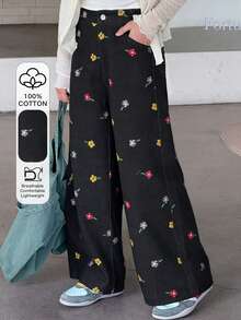 Dazy Kids Pantalones anchos de pierna ancha con bolsillos en diagonal con estampado floral suelto casual para niñas preadolescentes - Gris - Ver 1