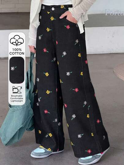 Dazy Kids Tween Girls' Casual Ditsy Floral Loose Wide Leg Pants With Slant Pockets