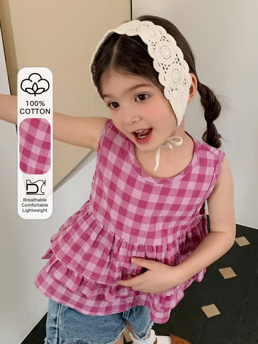 Dazy Kids Young Girls Round Neck Plaid Woven Shirt - Pink - View 1