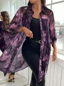 Reflora 大码全印花宽松前开襟纽扣优雅百搭薄纱长衬衫 - 紫色 - 查看 3