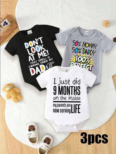Set de 3 piezas de pelele informal para bebés niños con estampado gráfico de letras coloridas, en negro/blanco/gris, cómodo para uso diario, estilos frescos de verano apropiados para primavera y verano