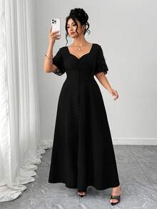 Elenzga Plus Size Women's Solid Color Sweetheart Neck Ruffle Hem Elegant Dress - Black - View 4