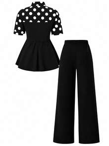Elenzga Plus Size Women Elegant Commuter Color Block Polka Dot Print Patchwork Shirt - Black and White - View 2