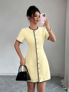 Rafferiza Elegant Business Casual Round Neck Trim Waist Button Short Sleeve Mini Dress, Suitable For Spring And Summer - Light Yellow - View 7