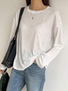 DAZY 女士宽松休闲商务办公长袖T恤，百搭街头风，春夏款 - 白色 - 查看 4