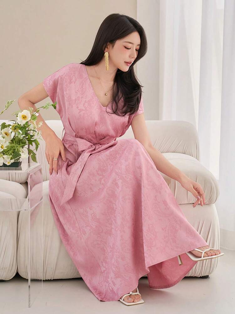 Women's Elegant Floral V-Neck Belted Mid-Length Dress, Summer,Wedding Guest Dress Women Sundress