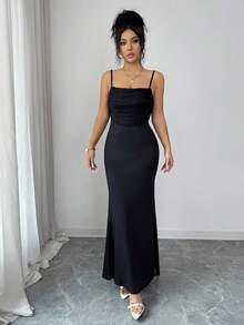 SHEIN Raffinéa Women's Plunging Neckline Spaghetti Strap Backless Fitted Elegant Dress - Black - View 3