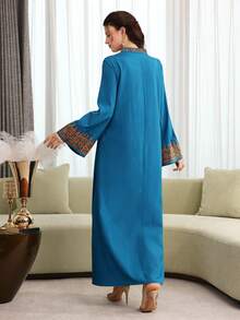 Al Najma Elegant V-Neck Front Button Embroidered Dress - Blue - View 4