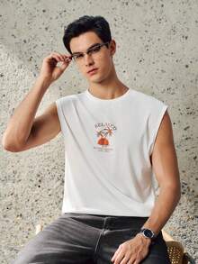 RONVEXI 男士热带字母印花图案休闲夏季无袖背心 - 白色 - 查看 5