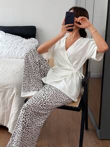 DAZY Lace Patchwork Loose Cardigan Top & Leopard Print Trim Pajama Pants Women Sleepwear Set - White - View 6