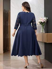 Modelyn Vestido elegante de manga larga con parches de encaje y cinturón en unicolor para tallas grandes - Azul Marino - Ver 4