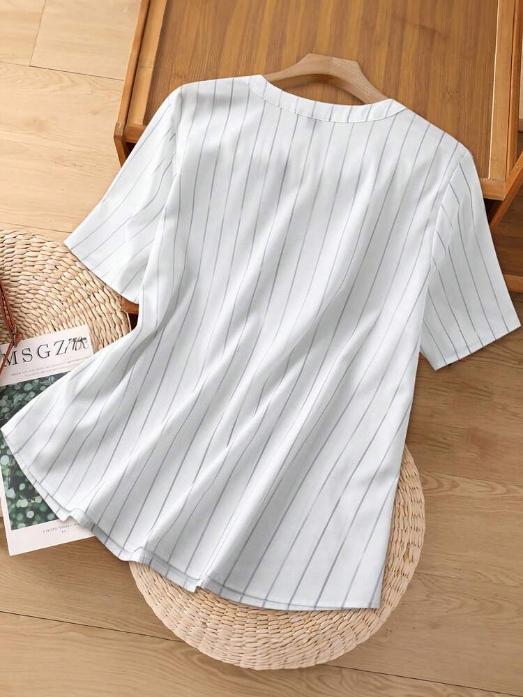 Plus Size V-Neck Raglan Sleeve Black & White Plaid Shirt, Flattering\Summer\Vacation Summer Tops Summer Outfits Summer Clothes  Spring  Spring Outfit Women Spring Clothes Country Style For Women Vacation Outfits Women  Casual Blouses For Women Striped Shirt Casual Tops Women Summer Women Summer Shirts Blouses For Women Elegant Casual