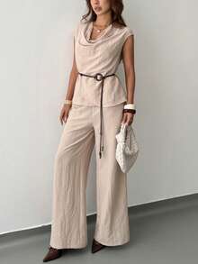 RiviMae Fashionable Elegant Casual Loose Scoop Neck Short Sleeve Top With Belt And Wide Leg Pants Women's Spring/Summer Khaki 2 Pieces Set - Khaki - View 7