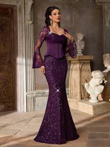 Aureia 优雅奢华亮片刺绣缎面心形喇叭袖连衣裙，饰以褶裥鱼骨设计，弧形腰线和喇叭裙摆，适合晚礼服、商务正装和宾客着装。 - 紫色 - 查看 6