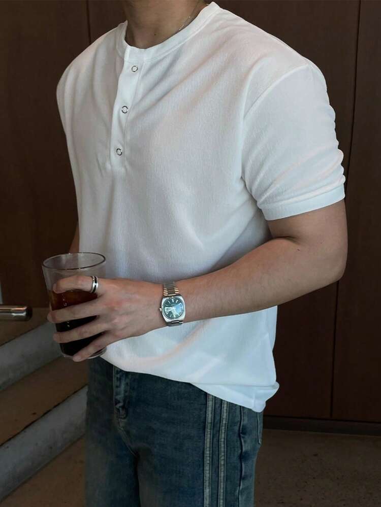 Men's Solid Color Round Neck Half-Placket Short Sleeve T-Shirt, Summer